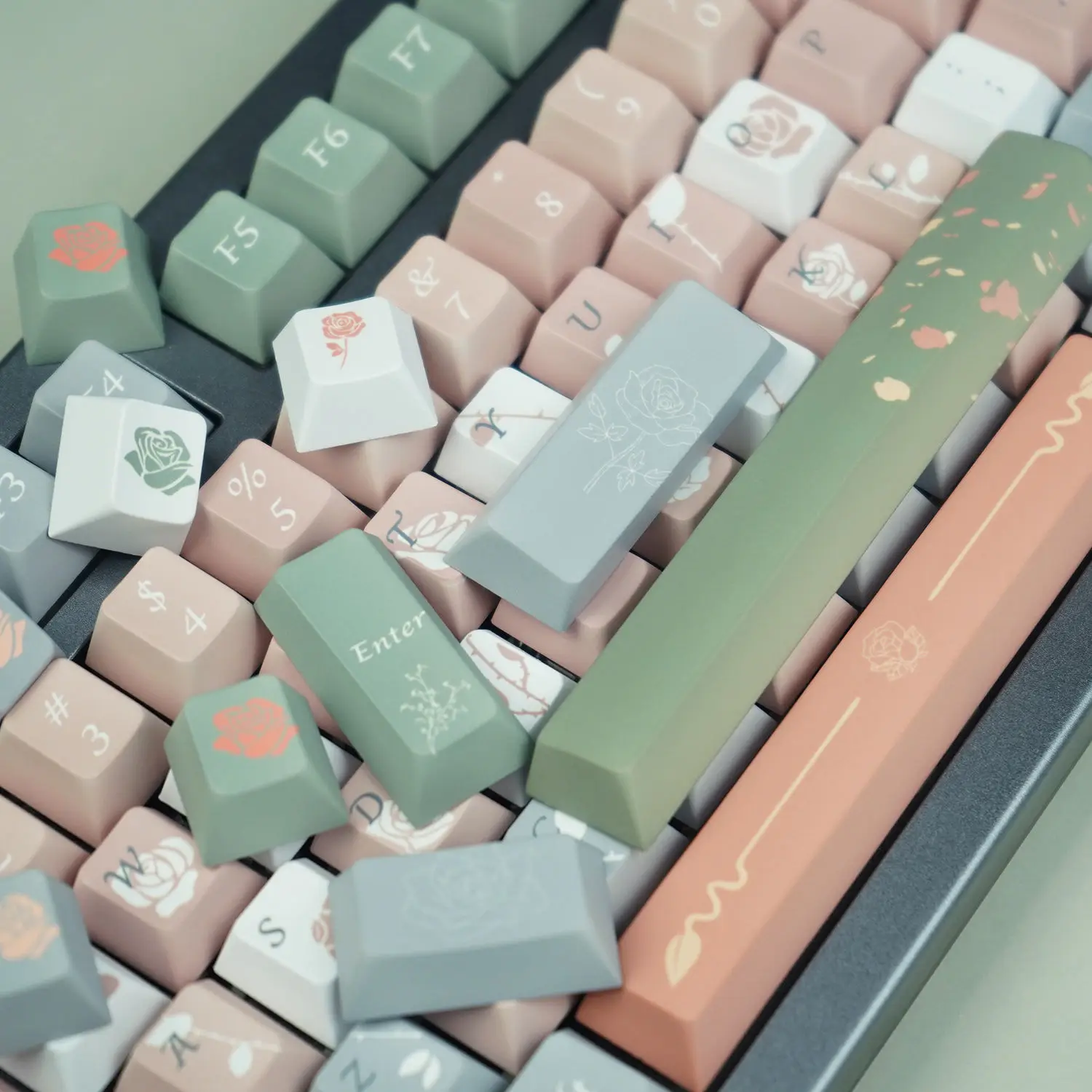 Juego de teclas de perfil de cereza, rosa claro, verde, lindo Teclado mecánico, elemento Rosa Vintage, personalizado